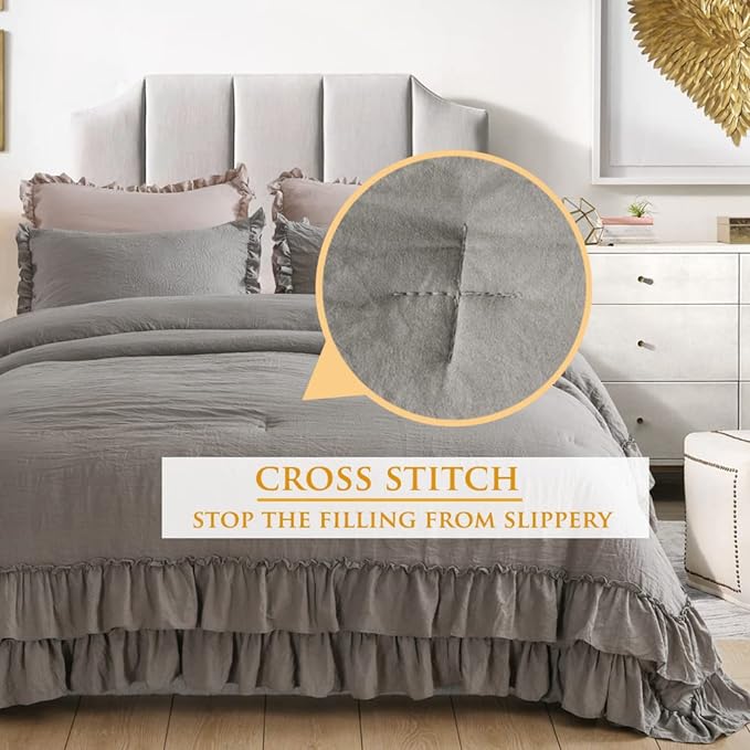 Gray Ruffled Comforter Set King,Farmhouse Shabby Boho Chic Bedding Comforter Lightweight Fluffy Aesthetic Vintage Rustic Bedding 3 Pieces (1 Ruffle Comforter and 2 Pillowcases) - LeafyLoom
