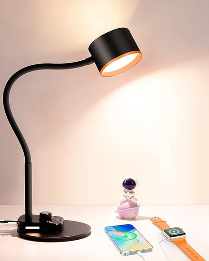 Desk Lamp, LED Desk Lamp with USB C + A Charging Ports, 5 Colors Fully Dimmable Eye Care Reading Lamp for Bedside Table Full Metal Efficient Gooseneck Table Lamp for Home Office Black - LeafyLoom