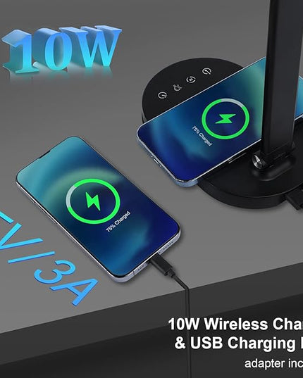 LED Desk Lamp with Wireless Charger, USB Charging Port, Touch Control, 5 Color Modes, 5 Brightness Level, Eye-Caring Desk Lamp for Study Reading, 1H Timer, Home Office Table Lamp - LeafyLoom