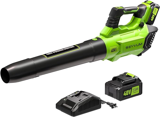 SEYVUM 40V Leaf Blower Cordless - 600CFM 165MPH, Electric Leaf Blower with Upgrade 40V 2.5Ah Battery & Charger, Leaf Blower for Lawn Care with Shoulder Strap - 3 Speed Mode for Leaf/Dust/Snow Blowing - LeafyLoom