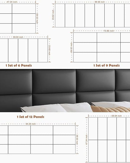 Wall Mounted Upholstered Headboard Queen, 3D Peel and Stick Soundproof Wall Panels, Reusable and Removable Padded Headboard Leather Bed Headboard, 9 Panels Headboard 9.84" x 23.62", Black - LeafyLoom