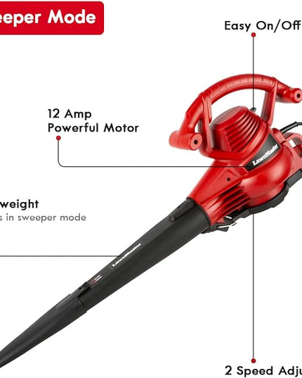 LawnMaster Red Edition BV1210 1201 Electric Blower Vacuum Mulcher 12 Amp 2-Speed Adjustment with Metal Impeller 240 MPH 380 CFM 14:1 Mulch Ratio - LeafyLoom
