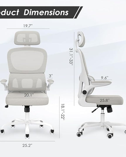 Soohow Ergonomic Home Office Chair, Mesh Desk Chair with Lumbar Support, Comfy Computer Desk Chair with Flip Armrest Rolling Wheels, Adjustable Headrest, Khaki. - LeafyLoom