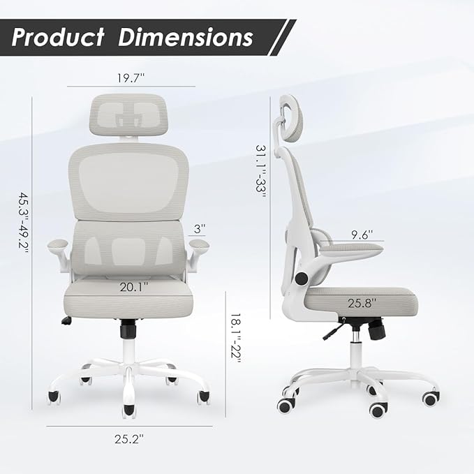 Soohow Ergonomic Home Office Chair, Mesh Desk Chair with Lumbar Support, Comfy Computer Desk Chair with Flip Armrest Rolling Wheels, Adjustable Headrest, Khaki. - LeafyLoom