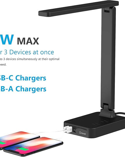 Drevet LED Desk lamp with USB C Charging Port, Table Light with 3 USB Charger and 2 AC Power Outlet, 3 Color Model, 3 Level Brightness, Touch Control, Memory Function, Eye-Caring Office Foldable Lamp - LeafyLoom