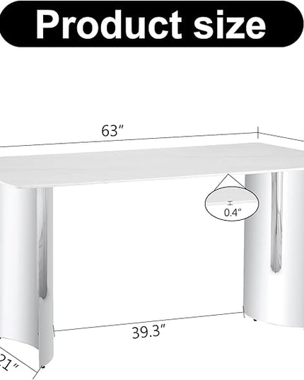 NicBex 63Inch Rectangular Dining Table,Modern Kitchen Table with Imitation Marble Glass Sticker Tabletop and Stainless Steel Legs for 6 to 8,Dining Room Table for Kitchen,Meeting Living Room,White - LeafyLoom