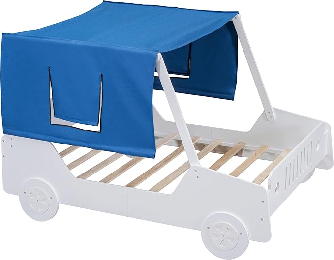 Full Size Kids Car Bed with Tent Canopy & Wheels,Wood Bedframe W/Safty Grille,Raised Base Design,Easy to Assemble,Toddler Boys Car-Shaped Bedroom Beds for Reading Playing Relaxing,White - LeafyLoom