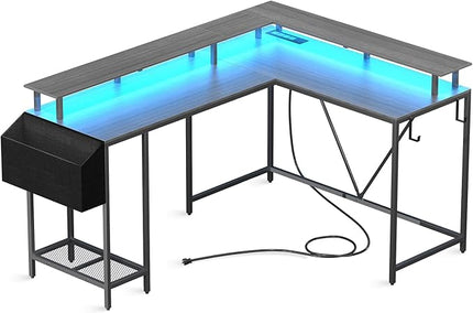L Shaped Gaming Desk with Power Outlets & LED Lights, Computer Desk with Monitor Stand & Storage Shelf, Home Office Desk Corner Desk with Hooks, Easy to Assemble, Grey - LeafyLoom