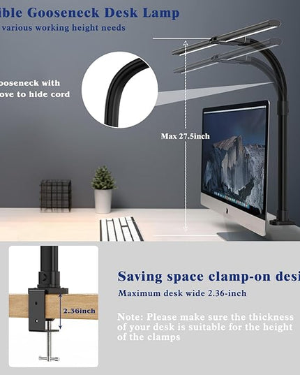 Desk Lamp for Home Office, 24W LED Desk Lamp with Clamp - 25 Lighting Modes Dimming Workbench Light with Flexible Gooseneck, Eye Protection Modern Desk Lamp for Reading Study Monitor Drafting - LeafyLoom