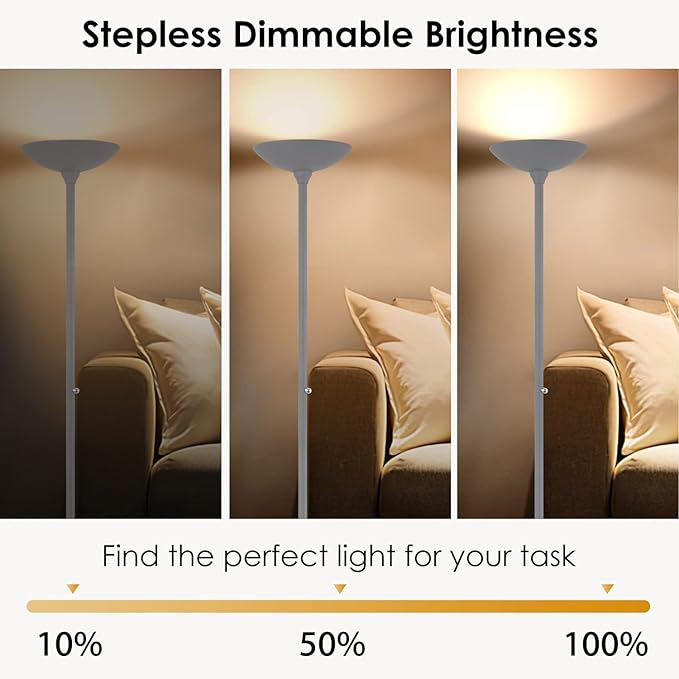 BoostArea Torchiere Floor Lamp, 24W Super Bright LED Standing Lamp, Stepless Dimmable Pole Lamp with 3000K Lighting, Rotary Switch, 70 Inch Tall Metal Modern Floor lamps for Living Room/Bedroom Gray - LeafyLoom