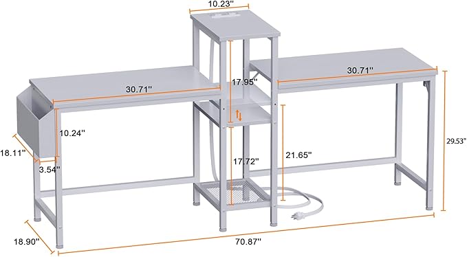 Furologee White 71" Double Gaming Desk, Extra Long 2 Person Computer Desk with Book Shelf and Cloth Bag, Large Office Desk Study Writing Table with Hooks for Home Office (NO Power Outlets) - LeafyLoom