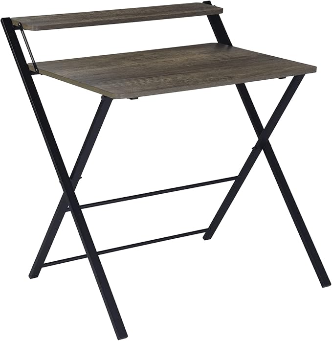 FurnitureR 31.9'' Folding Desk 2 Tier Foldable Writing Table Assembly Saves Space for Home Office Study, Metal Frames/Wood Top Laptop Table Computer Desk, Industrial Brown - LeafyLoom