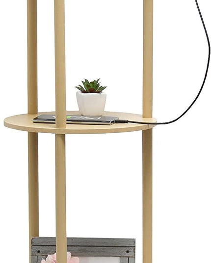 Simple Designs LF2010-TAN 62.5" Round Modern Shelf Etagere Organizer Storage Floor Lamp with 2 USB Charging Ports, 1 Charging Outlet and Linen Shade for Living Room Bedroom Office, Tan - LeafyLoom