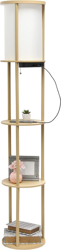Simple Designs LF2010-TAN 62.5" Round Modern Shelf Etagere Organizer Storage Floor Lamp with 2 USB Charging Ports, 1 Charging Outlet and Linen Shade for Living Room Bedroom Office, Tan - LeafyLoom