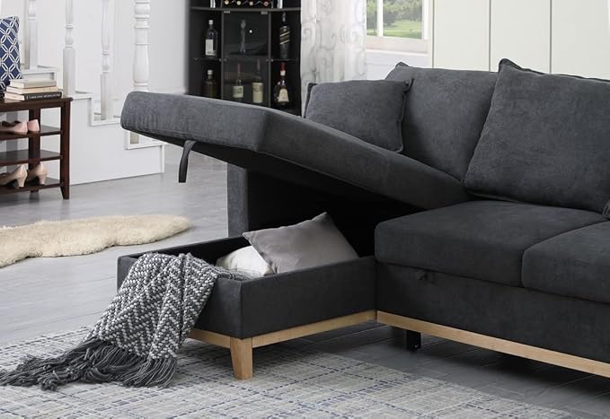 Reversible Sleeper Sectional Sofa with Storage Chaise, Convertible Woven 3 Seater Corner Couch Pull Out Bed, for Living Room Small Space, 84, Dark Gray-1 - LeafyLoom