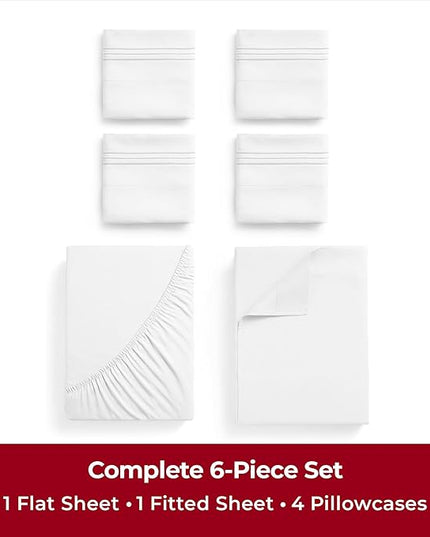 Mellanni King Sheets Set - 6 PC Iconic Collection Bedding Sheets & Pillowcases - Hotel Luxury, Ultra Soft, Cooling Bed Sheets - Deep Pocket up to 16 inch - 6 PC (King, White w/Extra Pillow Cases) - LeafyLoom
