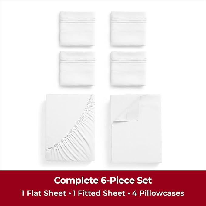 Mellanni King Sheets Set - 6 PC Iconic Collection Bedding Sheets & Pillowcases - Hotel Luxury, Ultra Soft, Cooling Bed Sheets - Deep Pocket up to 16 inch - 6 PC (King, White w/Extra Pillow Cases) - LeafyLoom