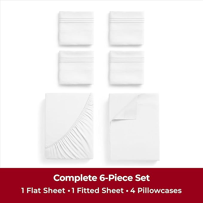 Mellanni Queen Sheets Set - 6 PC Iconic Collection Bedding Sheets & Pillowcases - Hotel Luxury, Ultra Soft, Cooling Bed Sheets - Deep Pocket up to 16 inch - 6 PC (Queen, White w/Extra Pillow Cases) - LeafyLoom