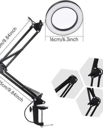 Magnifying Glass with Light and Stand, Stepless Dimming, 3 Color Modes, 10X Magnification, 4.1 Diameter Glass Lens, with Replaceable Weighted Flat Base, C-Clamp Base and Power Adapter - LeafyLoom