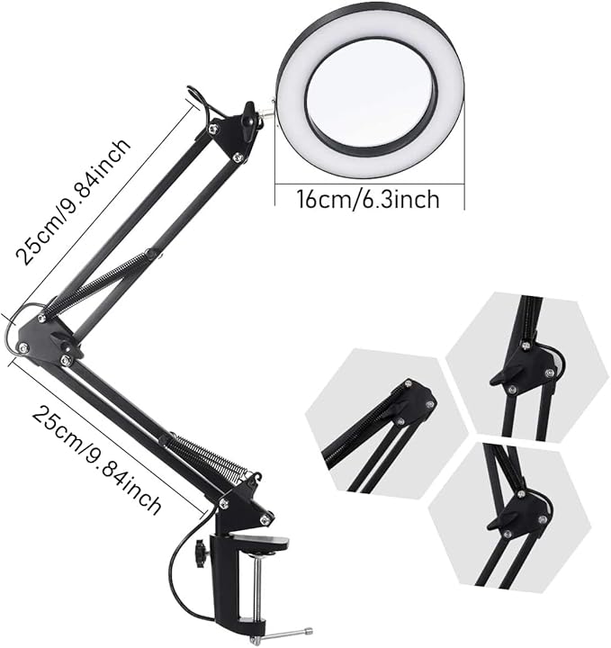 Magnifying Glass with Light and Stand, Stepless Dimming, 3 Color Modes, 10X Magnification, 4.1 Diameter Glass Lens, with Replaceable Weighted Flat Base, C-Clamp Base and Power Adapter - LeafyLoom