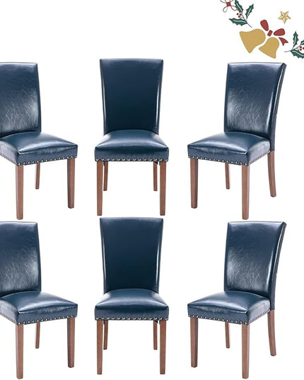 Parsons Dining Chairs Set of 6, Upholstered Nailhead PU Leather Dining Room Kitchen Side Chair with Thick Cushions and Wood Legs, Blue - LeafyLoom