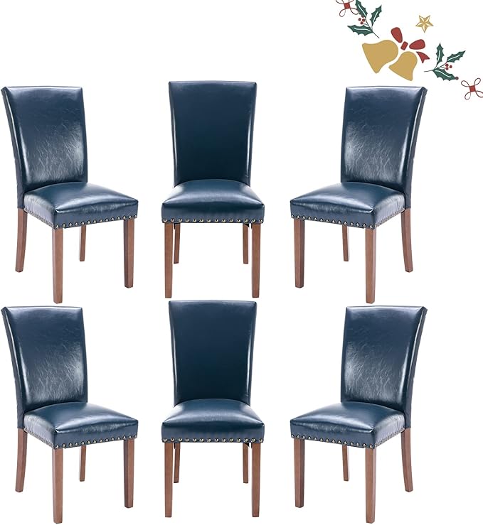 Parsons Dining Chairs Set of 6, Upholstered Nailhead PU Leather Dining Room Kitchen Side Chair with Thick Cushions and Wood Legs, Blue - LeafyLoom