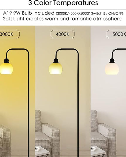 Modern Floor Lamp for Living Room, Black, with 3 Color Temperatures LED Bulb, Industrial Design, 63.2 in H, White Glass Shade, E26 9W A19 LED Bulb Included - LeafyLoom