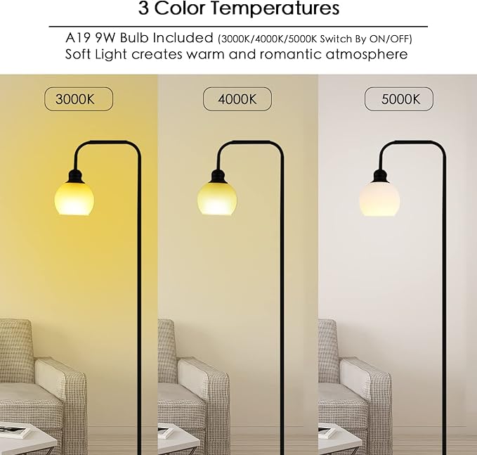 Modern Floor Lamp for Living Room, Black, with 3 Color Temperatures LED Bulb, Industrial Design, 63.2 in H, White Glass Shade, E26 9W A19 LED Bulb Included - LeafyLoom