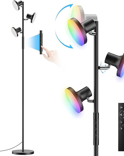 RGB Floor Lamp, 36W Bright LED Standing Lamp with 3 Swivel Lights, Color Changing Tree Tall Lamp with Remote, Stepless Dimmable Modern Floor Lamps for Living Room, Bedroom, Gaming Room,Office - LeafyLoom