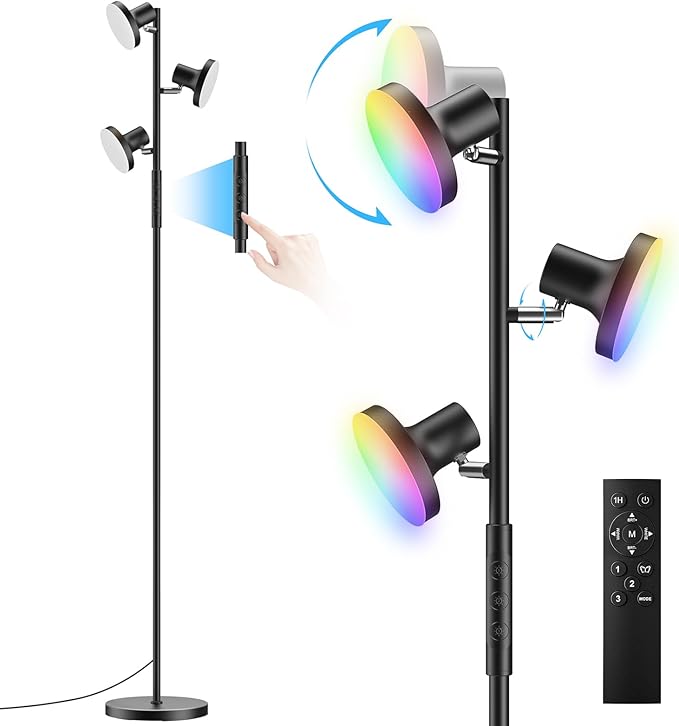 RGB Floor Lamp, 36W Bright LED Standing Lamp with 3 Swivel Lights, Color Changing Tree Tall Lamp with Remote, Stepless Dimmable Modern Floor Lamps for Living Room, Bedroom, Gaming Room,Office - LeafyLoom