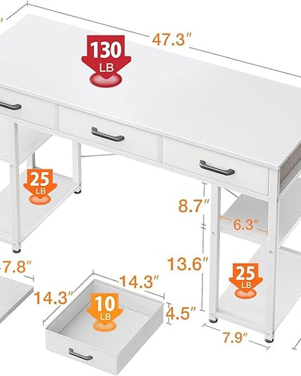 ODK Office Small Computer Desk: Home Table with Fabric Drawers & Storage Shelves, Modern Writing Desk, White, 48"x16" - LeafyLoom