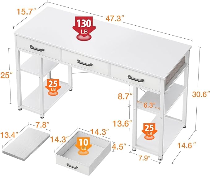 ODK Office Small Computer Desk: Home Table with Fabric Drawers & Storage Shelves, Modern Writing Desk, White, 48"x16" - LeafyLoom