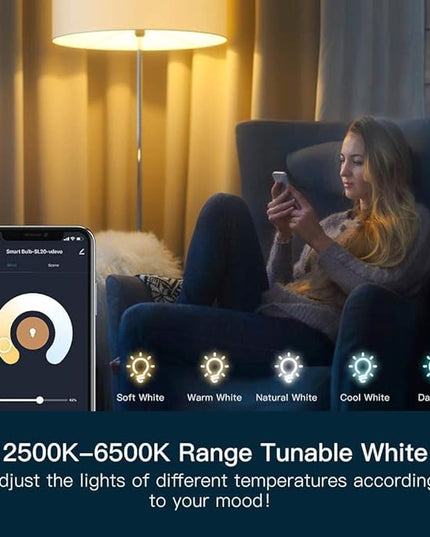 TREATLIFE Smart Light Bulbs, 2.4GHz WiFi LED Light Bulb, Dimmable Smart Bulb Compatible with Alexa, Google Home, SmartThings, UL Certified Warm White& Cool White(2700K-6500K), 800LM, E26, A19, 9W TREATLIFE