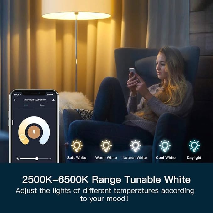 TREATLIFE Smart Light Bulbs, 2.4GHz WiFi LED Light Bulb, Dimmable Smart Bulb Compatible with Alexa, Google Home, SmartThings, UL Certified Warm White& Cool White(2700K-6500K), 800LM, E26, A19, 9W TREATLIFE