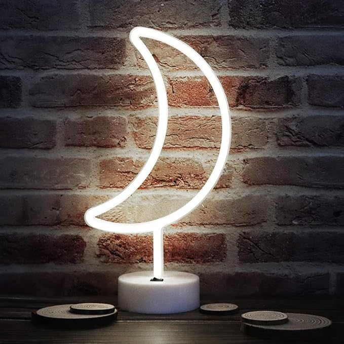 Neon Moon Lights, LED Moon Decor Neon Signs Art Decorations Crescent Night Lights Lamp for Party Supplies, Children Kids Girls Gift-Moon with Holder Base(White) - LeafyLoom