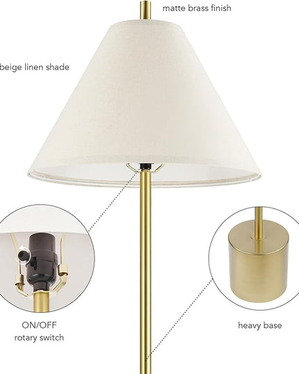 Globe Electric 61000060 60" Floor Lamp, Matte Brass Finish, Beige Linen Shade, Weighted Base, On/Off Rotary Switch on Socket, Reading Lamp, Home Office Accessories, Home Improvement - LeafyLoom