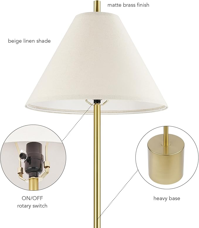 Globe Electric 61000060 60" Floor Lamp, Matte Brass Finish, Beige Linen Shade, Weighted Base, On/Off Rotary Switch on Socket, Reading Lamp, Home Office Accessories, Home Improvement - LeafyLoom