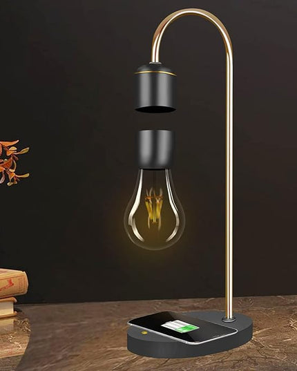 Levitating Light Bulb Lamp with Wireless Charging Pad (Apple/Android) Magnetic Levitation Floating Table Lamp Gold with Replacement Bulb for Home Office Christmas Gift Bedroom Decoration - LeafyLoom