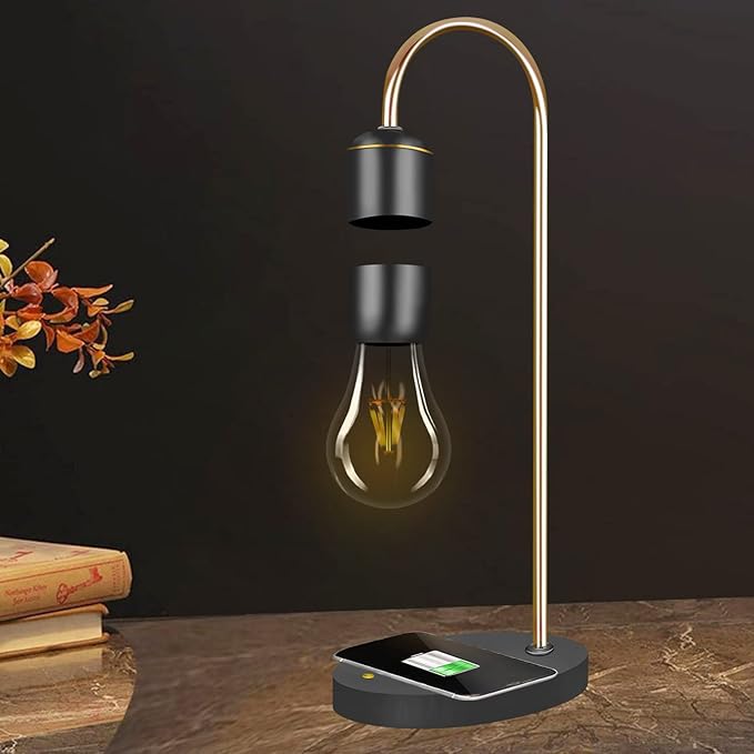 Levitating Light Bulb Lamp with Wireless Charging Pad (Apple/Android) Magnetic Levitation Floating Table Lamp Gold with Replacement Bulb for Home Office Christmas Gift Bedroom Decoration - LeafyLoom