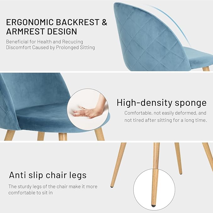 FurnitureR Upholstered Velvet Dining Chair Mid Back Armless with Wood Legs for Home Kitchen Bedroom Living Room, Set of 2, Sky Blue - LeafyLoom
