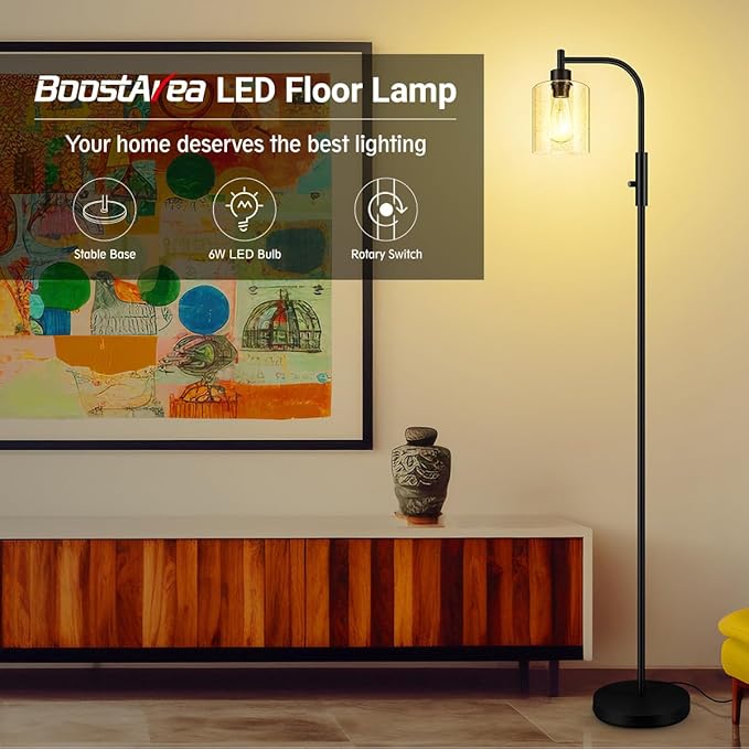 BoostArea Dimmable Floor Lamp, Standing Lamp with Seeded Glass Lampshade, 6W LED Bulb Included, Modern Floor Lamp, Industrial Floor Lamp, Bright LED Floor Lamp for Living Room and Bedroom, Office - LeafyLoom