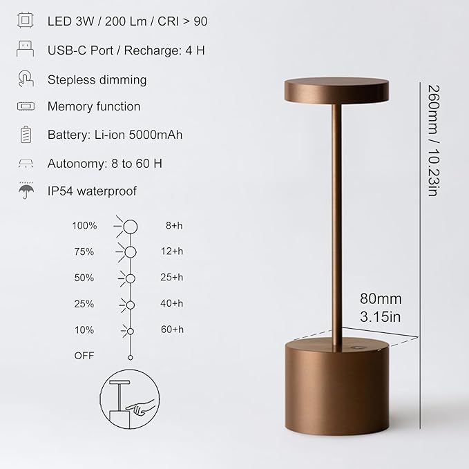2 Pack Cordless Table Lamp Rechargeable Outdoor Waterproof Portable Battery Operated LED Table Light - for Home Restaurant Desk Bar Patio Kitchen Dinning Party (Moka) - LeafyLoom
