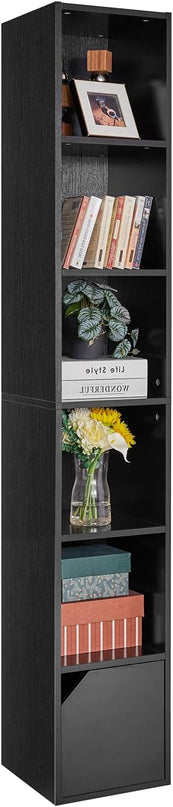 IBUYKE 6 Tier Tall Narrow Bookcase, Modern Black Corner Bookcase with Doors Storage,Cube Media Tower Rack,Cabinet,Floor Standing Display Storage Shelves for Small Spaces,for Home Office Black UWBC001B - LeafyLoom