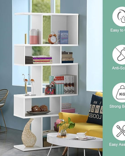 Giantex 5-Tier Geometric Bookshelf White, 70'' Tall Wood Freestanding Decorative Display Open Shelves with Anti-Tipping Device, Each Shelf Holds up to 44 lbs, Wooden S Shaped Bookcase - LeafyLoom
