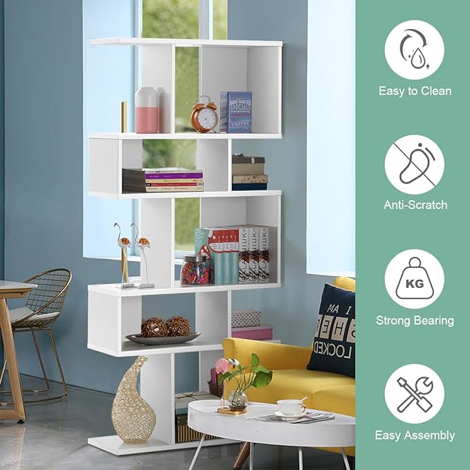 Giantex 5-Tier Geometric Bookshelf White Set of 2, 70'' Tall Wood Freestanding Decorative Display Open Shelves with Anti-Tipping Device, Each Shelf Holds up to 44 lbs, Wooden S Shaped Bookcase - LeafyLoom