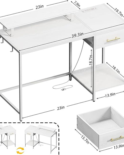 Small Computer Desk with Drawers, 40 inch Gaming Desk with Led Lights and Power Outlets,Reversible Home Office Desk with Storage, White - LeafyLoom