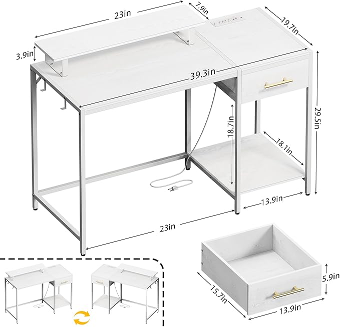 Small Computer Desk with Drawers, 40 inch Gaming Desk with Led Lights and Power Outlets,Reversible Home Office Desk with Storage, White - LeafyLoom
