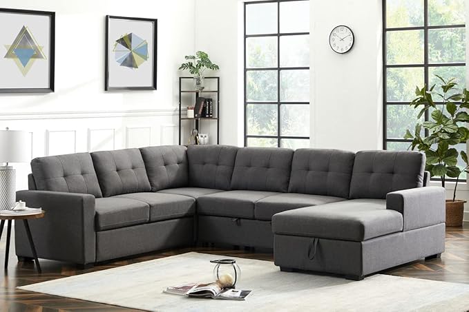 LOVMOR Living Room U Shape Large Sectional Sofa with Pull Out Sleeper Bed, Storage Chaise, Corner Couch with Arms and 2 Cup Holder for Home Furniture, Apartment, Dorm, Dark Gray, 90 Inch - LeafyLoom