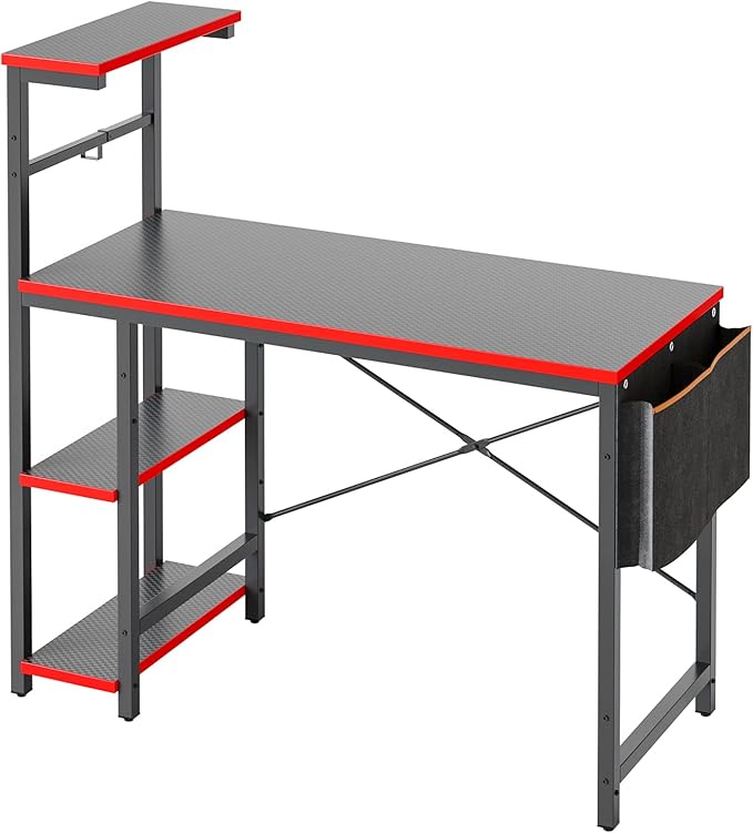 Bestier Gaming Desk with LED Lights, 44 Inch PC Gamer Desk for Small Spaces, Computer Desk with Reversible Storage Shelves & Side Storage Bag (Black 3D Carbon Fiber) - LeafyLoom