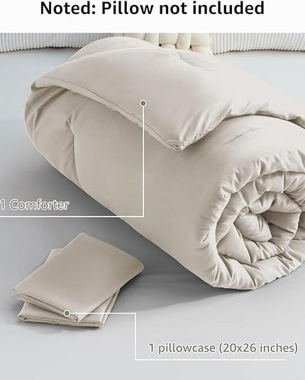 CozyLux Beige Comforter Set Twin/Twin XL Size, 2 Pieces Twin Extra Long Boho Solid Breathable Quilted Style Bedding Sets, Luxury Fluffy Soft Microfiber Comforter All Season(1 Comforter & 1 Pillowcase) - LeafyLoom